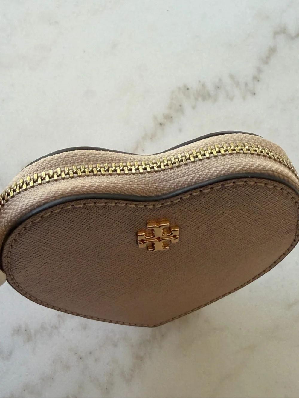 Tory Burch Metallic Rose Gold Heart Leather Coin Purse Keychain Charm NWT